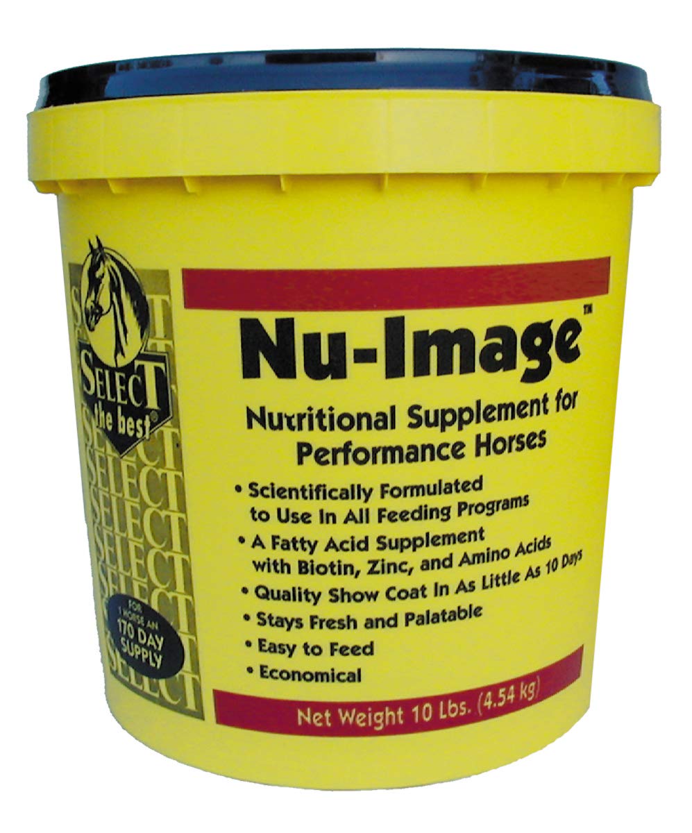 Richdel Nu-Image hoof and coat supplement container for horses promotes a healthier coat and mane.
