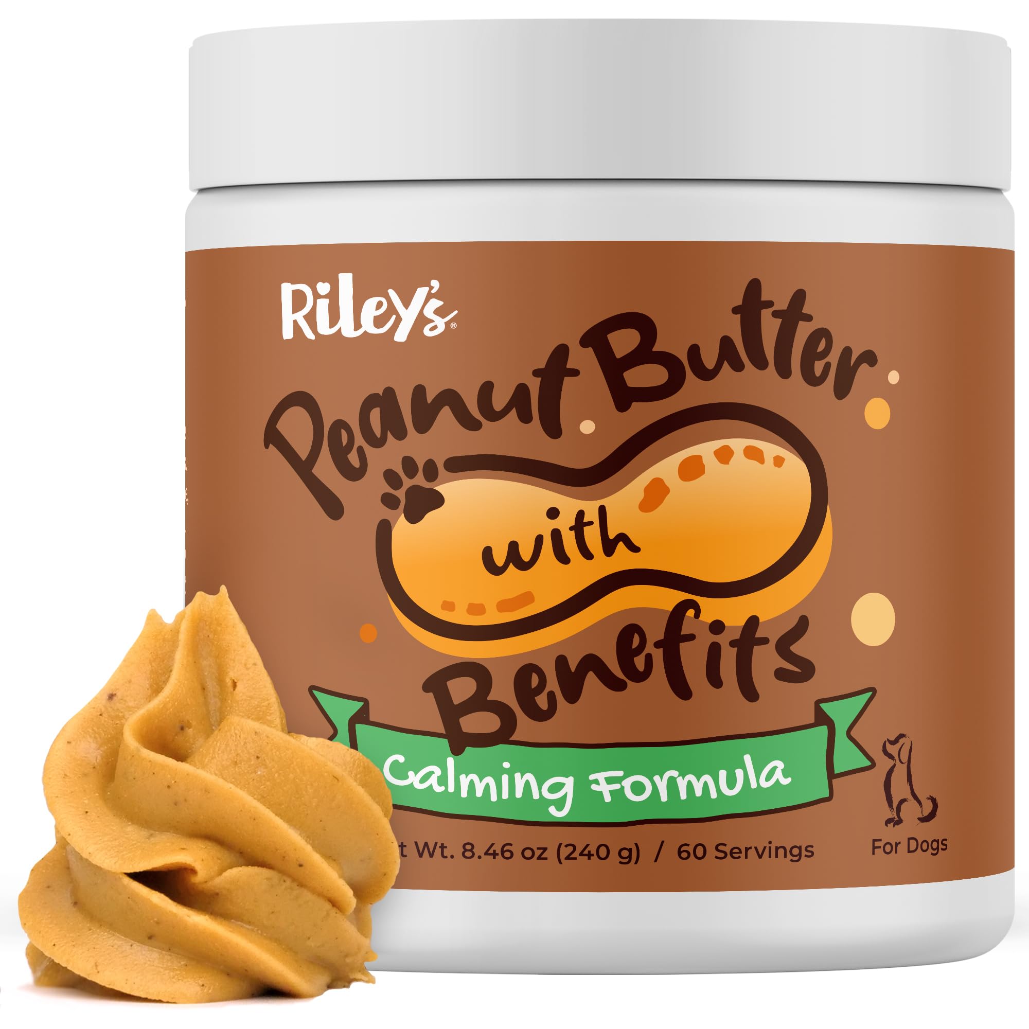 Riley's calming peanut butter jar showing a five-ingredient blend for stress-friendly dog treats.