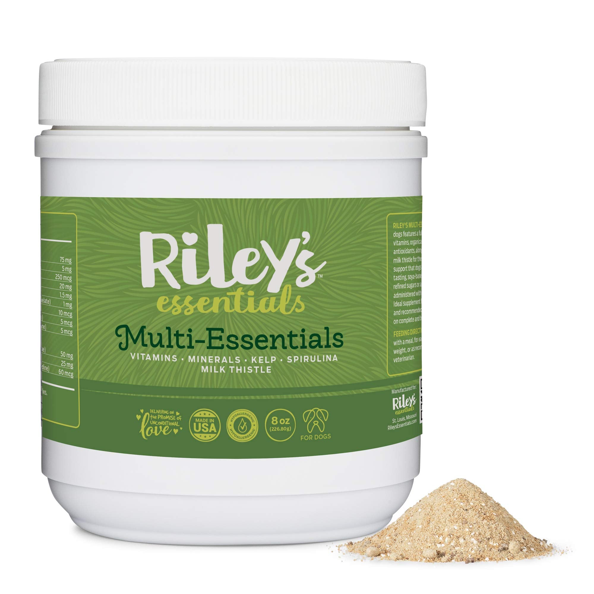 Riley's Multi-Essentials dog powder in tin supports daily nutrition.