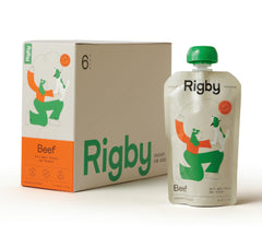Rigby organic grass-fed beef pouch front view, convenient training squeeze.