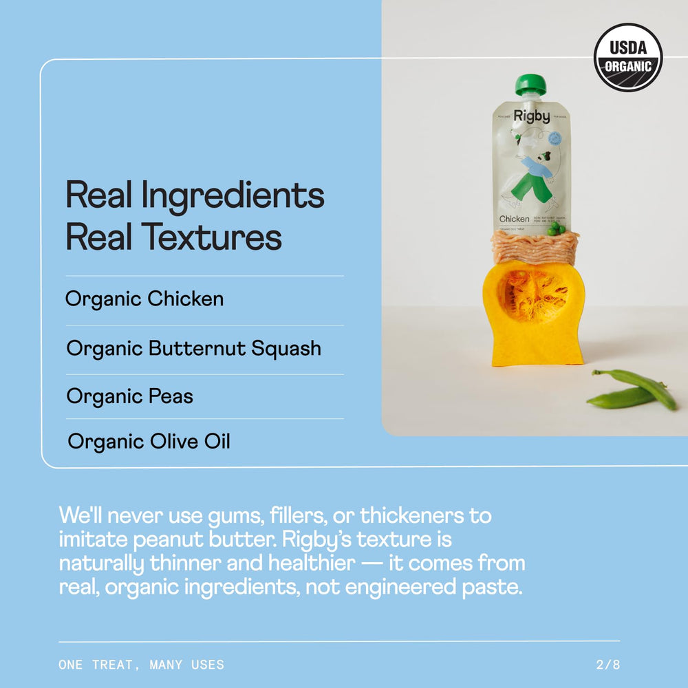 Rigby real-food texture pouch shows a clean, natural taste free of gums and fillers.