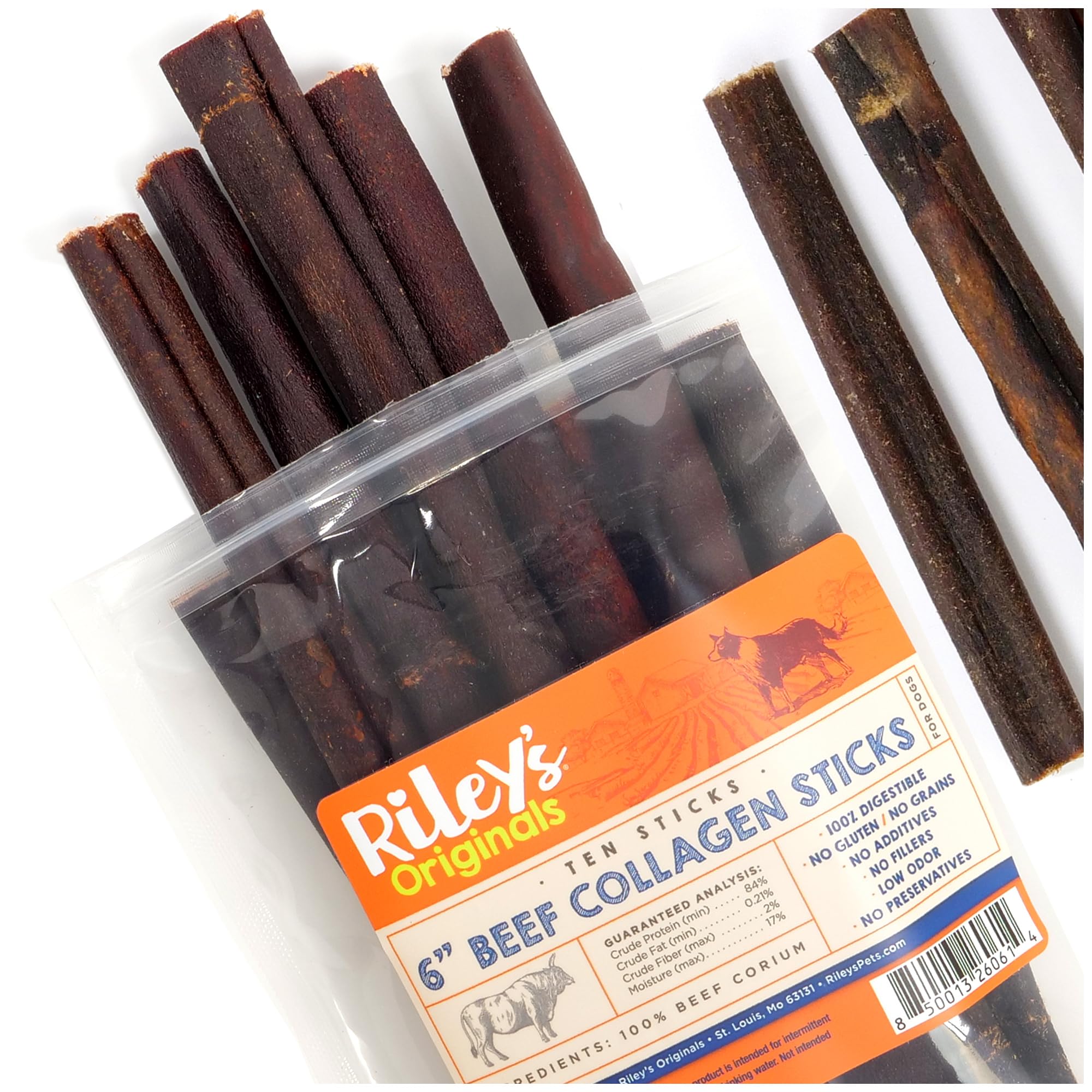 Riley's 6-inch beef collagen sticks pack close-up, illustrating a durable chew for long-lasting entertainment.