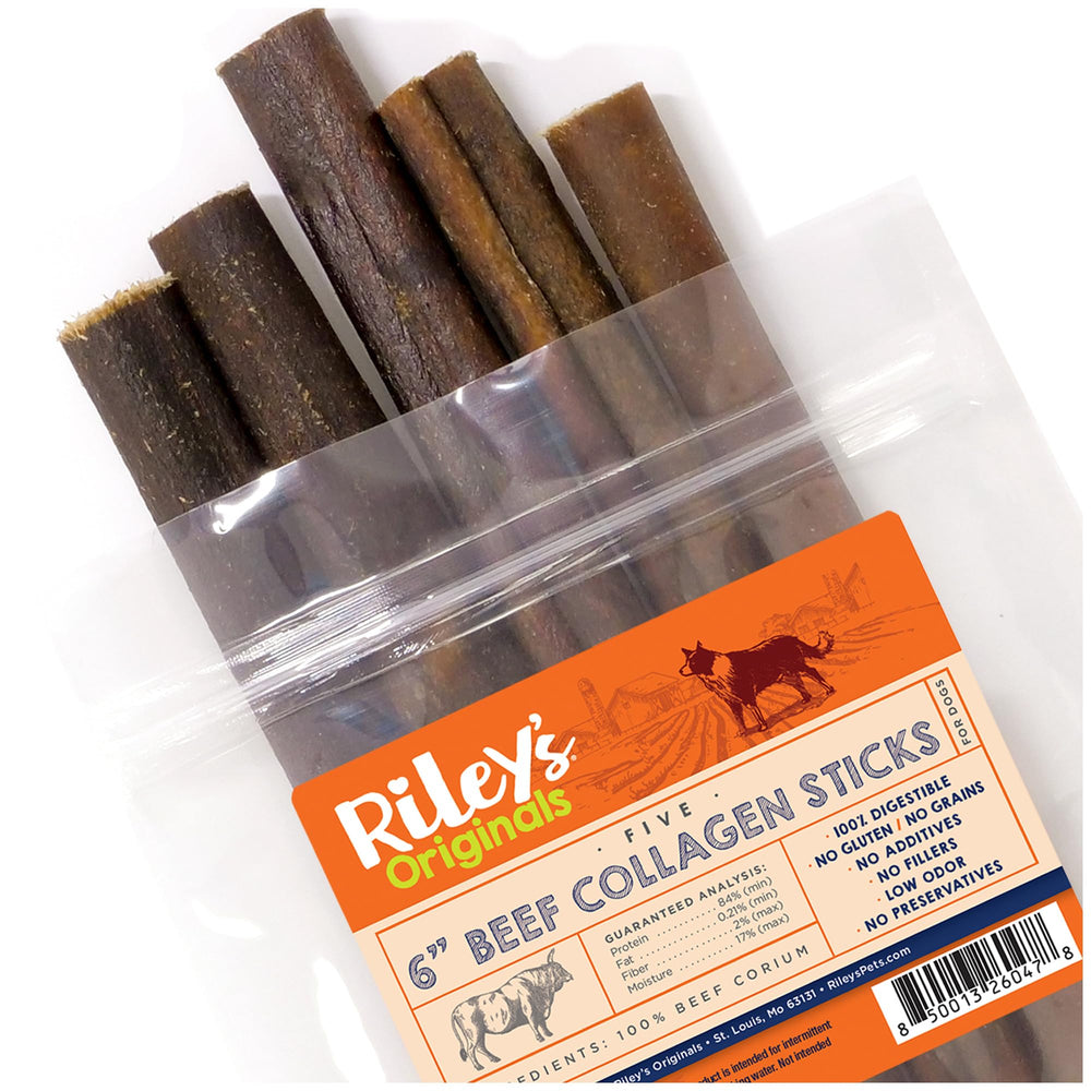 Riley's beef collagen stick 6-inch chews provide long-lasting entertainment and dental support.