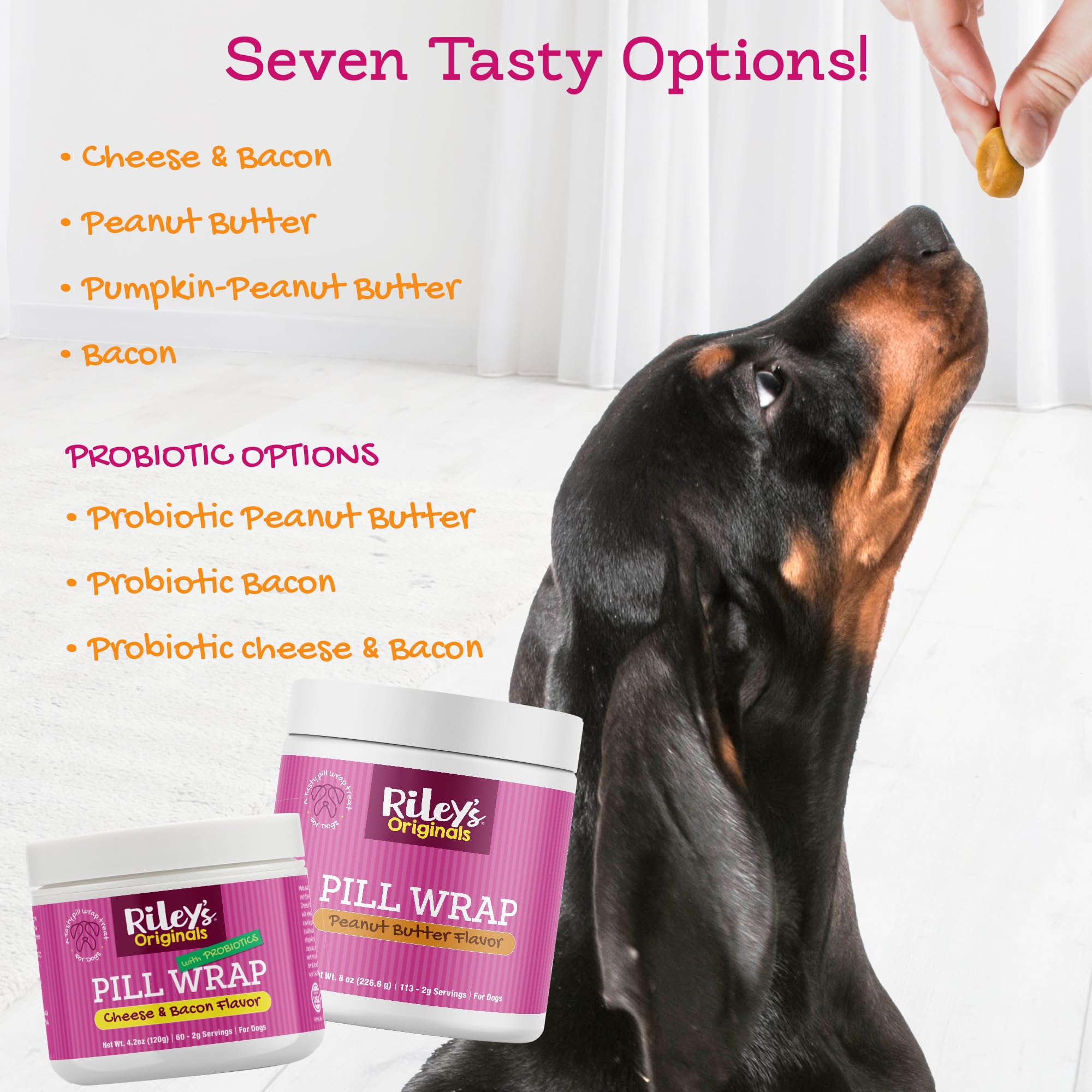 Riley's Pill Wrap cheese-bacon-aroma evokes savory treat appeal during medicating.