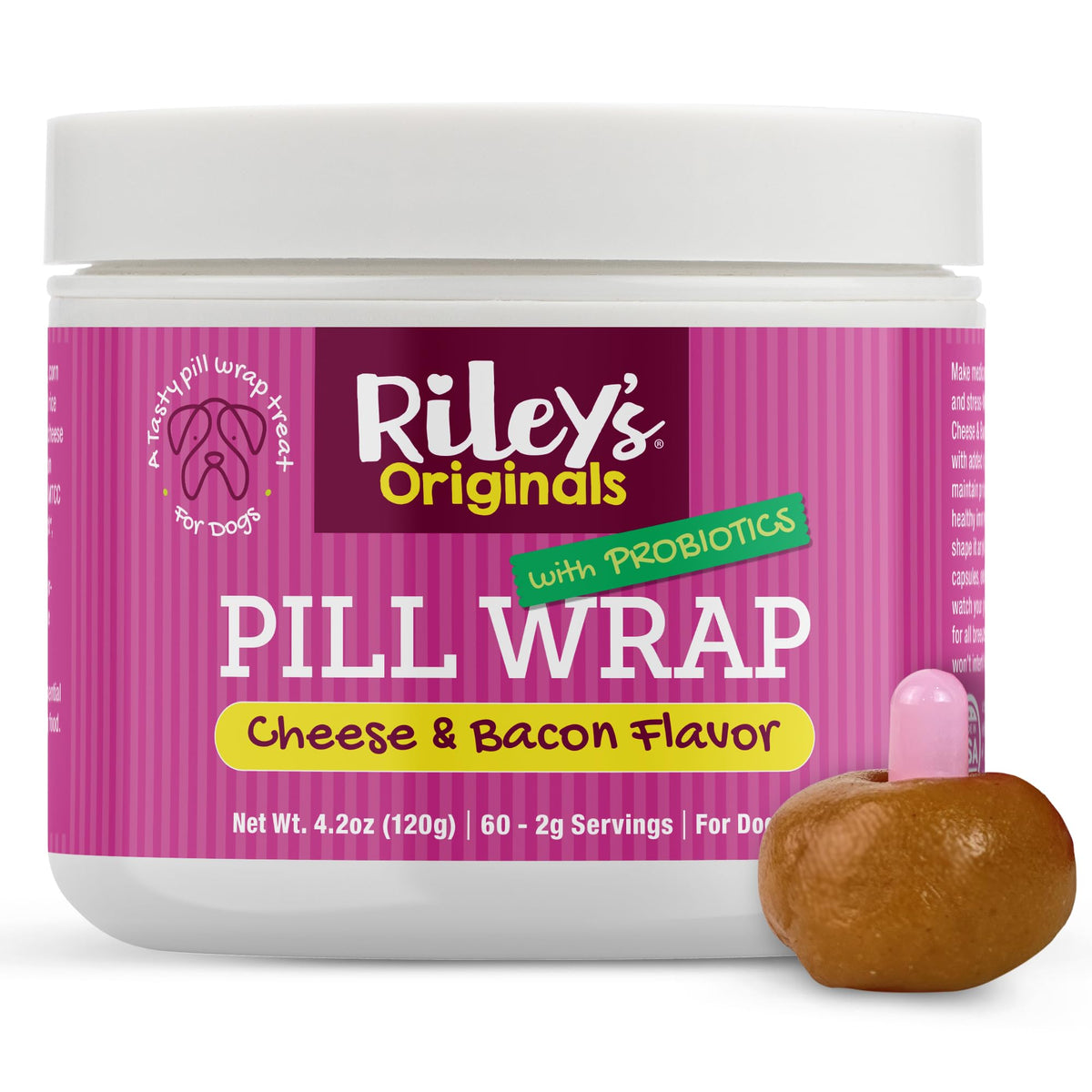 Riley's Pill Wrap cheese-bacon paste jar disguises pills for easier dosing.