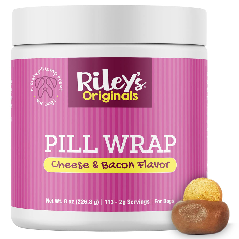 Riley's Pill Wrap cheese-bacon-treat closeup shows savory flavor masking pills for easier meds.