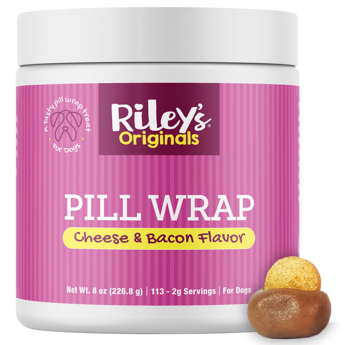 Riley's Pill Wrap cheese-bacon-treat closeup shows savory flavor masking pills for easier meds.