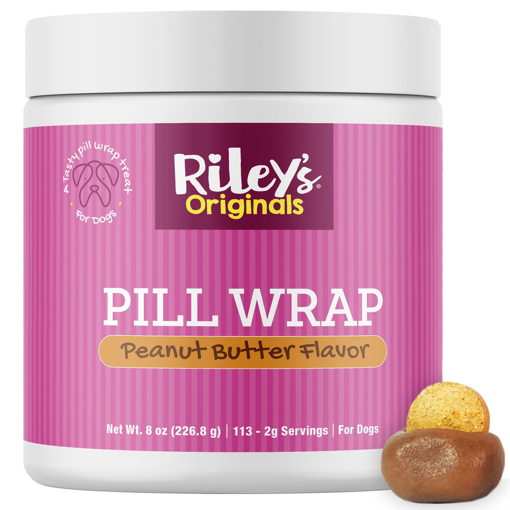Riley's Pill Wrap paste in jar highlights peanut butter flavor for easier medicated treats