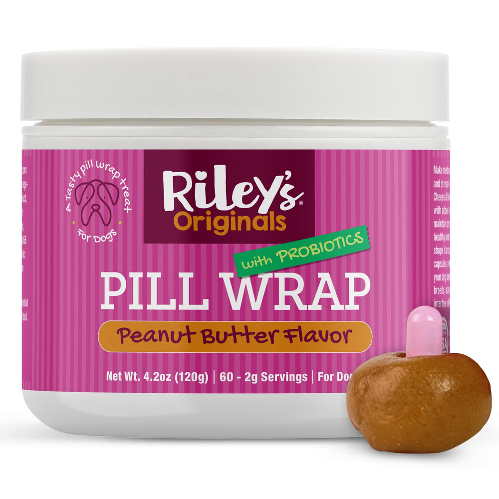 Riley's Pill Wrap peanut butter paste in jar disguises pills for easier medication time.