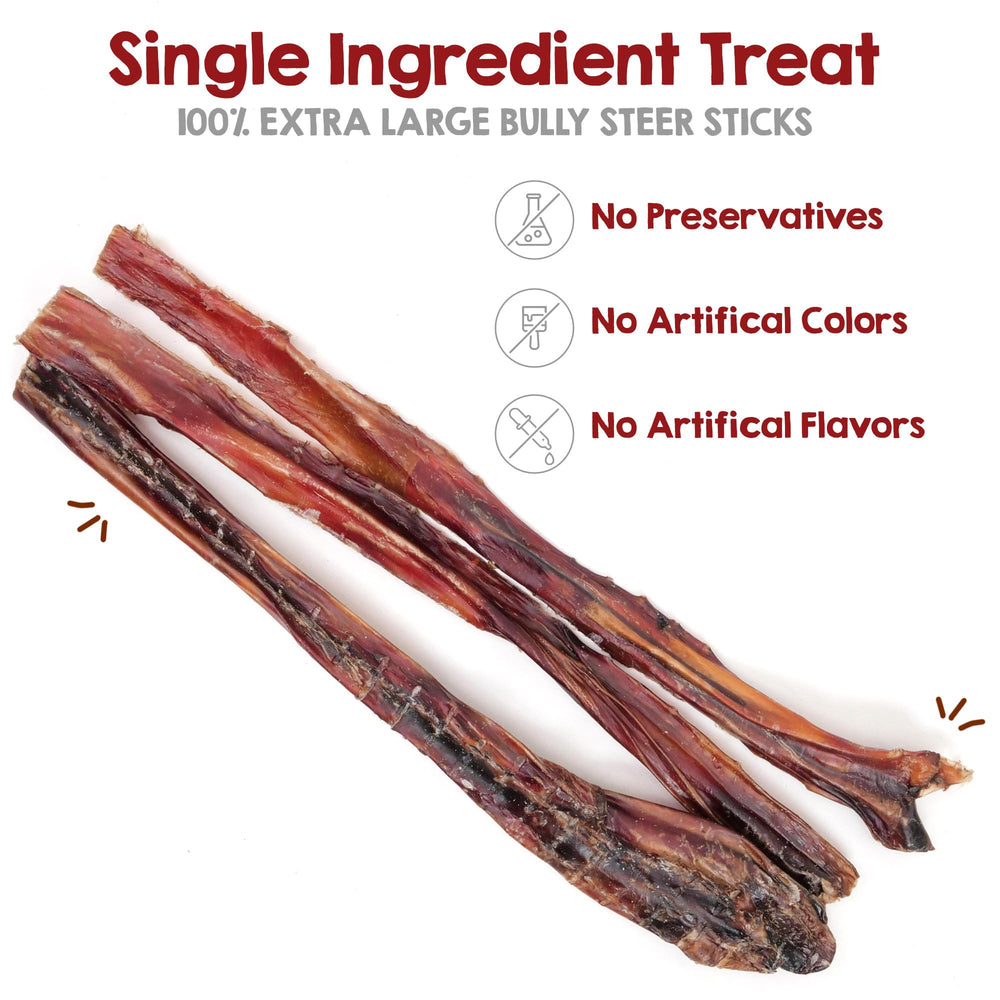 Riley's Steer Bully Sticks 12-inch close-up demonstrates durable chew for large dogs.