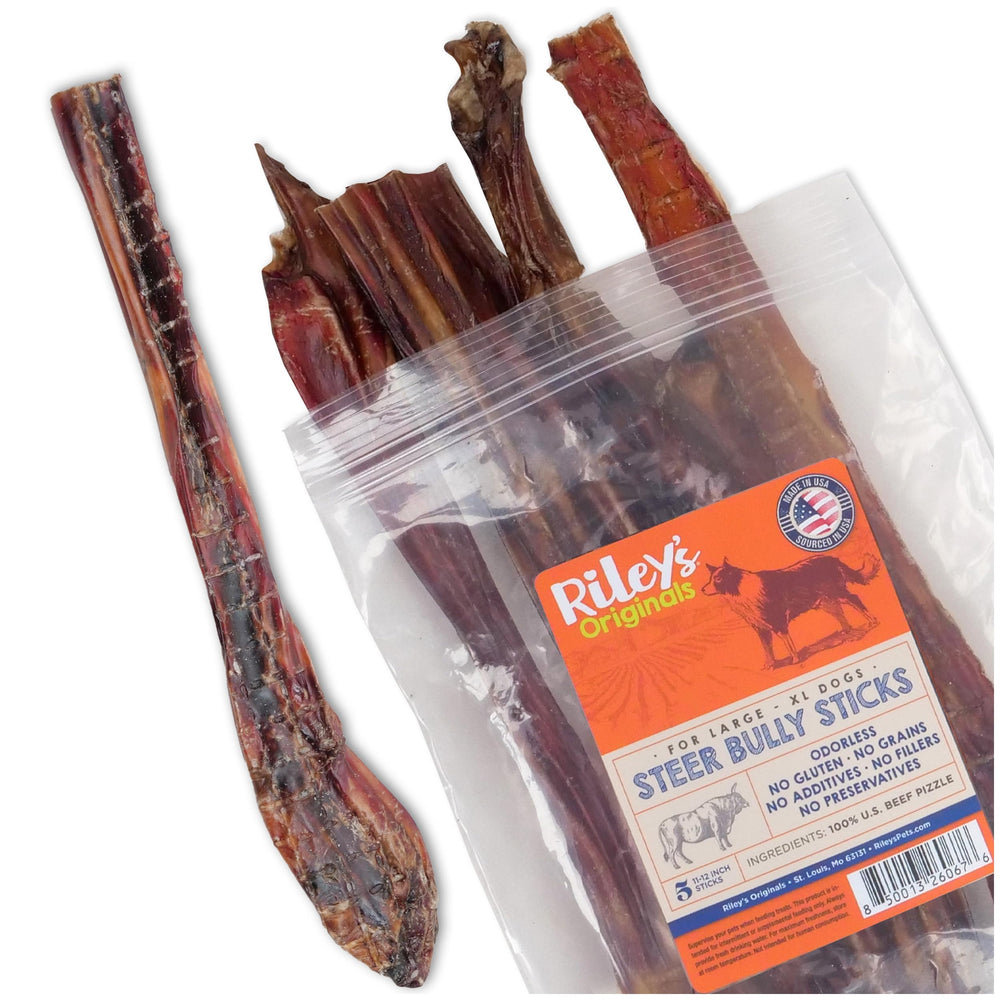 Riley's Steer Bully Sticks packaging shows USA-made, single-ingredient chew option.