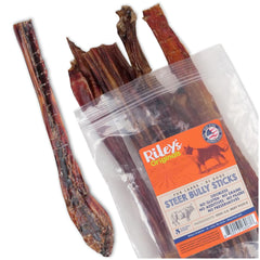 Riley's Steer Bully Sticks packaging shows USA-made, single-ingredient chew option.