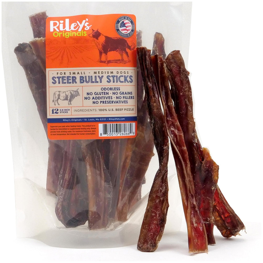 Riley's Steer Bully Sticks small dog 5-6 inch chew promotes gentle teething and tasty protein.
