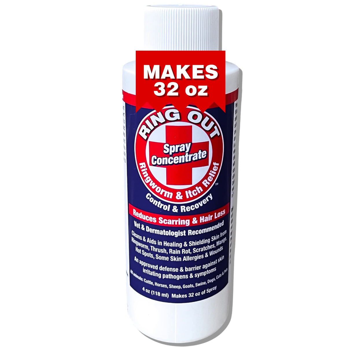 Ring Out concentrate 4oz bottle ready for safe dilution for pet and livestock care.