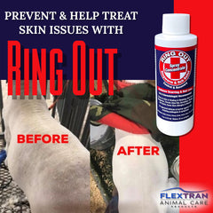 Ring Out dilution 32oz spray demonstrates flexible use across farm animals and pets.