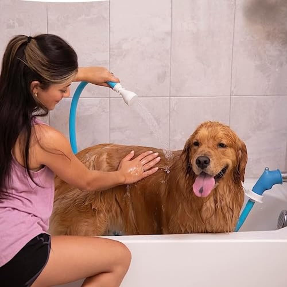 Rinseroo bathtub faucet sprayer attached to tub spout for quick rinses.