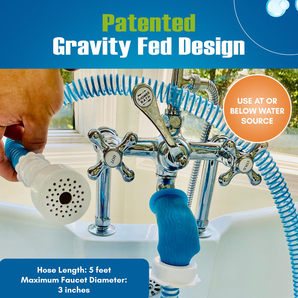 Rinseroo dog shower head in use enables fast, calm pet baths.