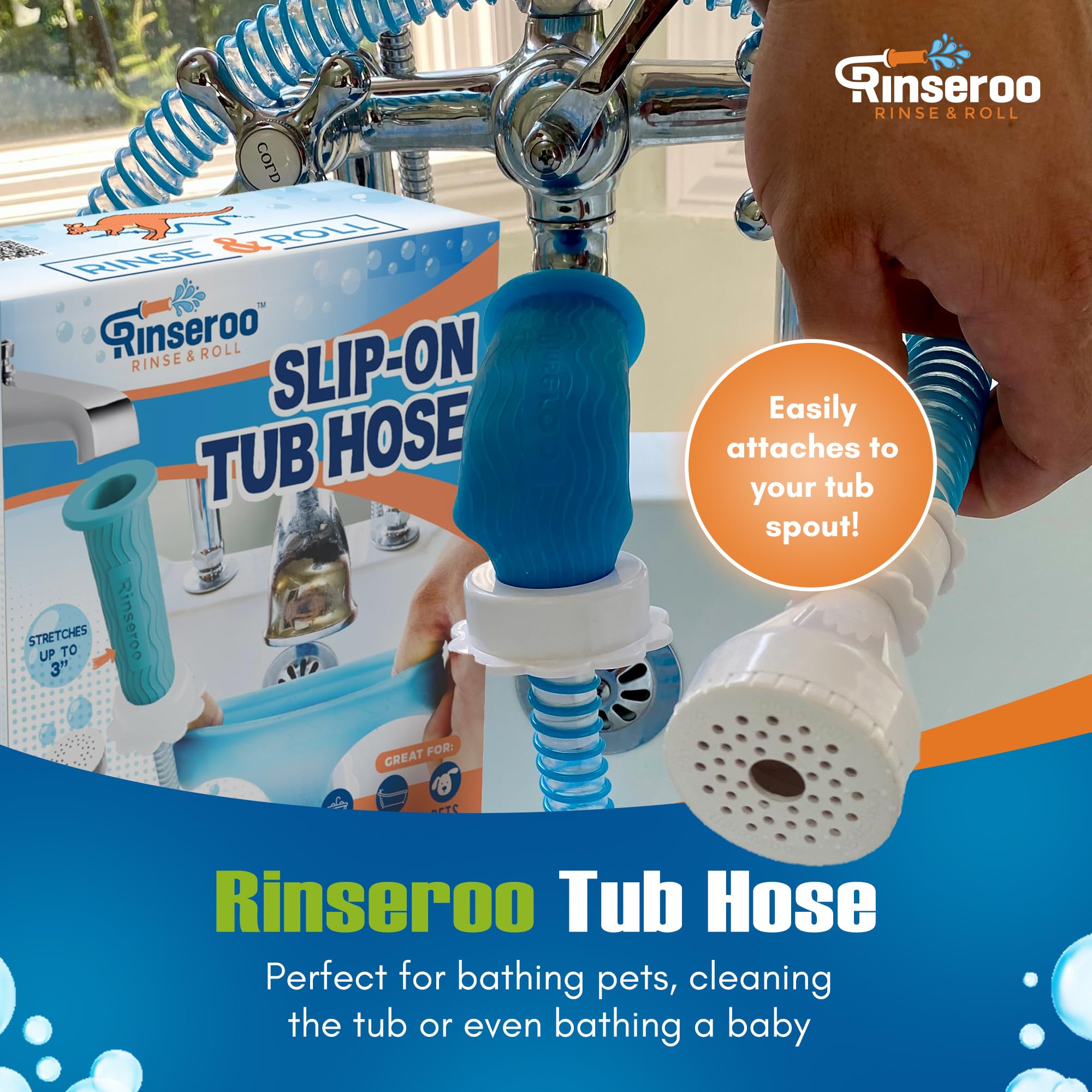 Rinseroo ultra-flex design eases maneuvering during pet washing.