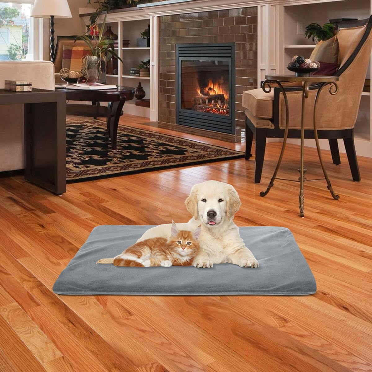 RIOGOO heating pad in grey blends with home decor while warming pets.