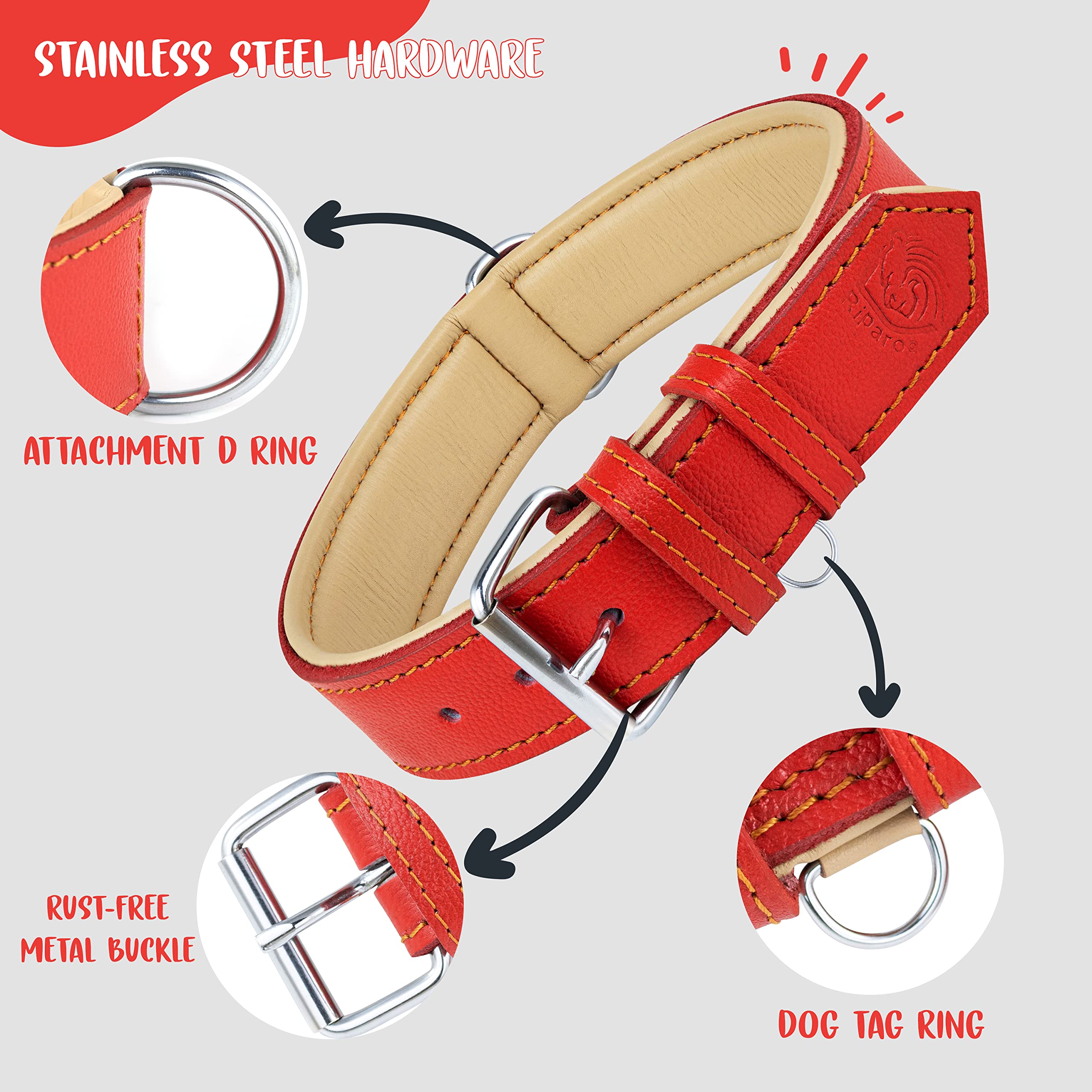 Riparo red leather dog collar packaging highlighting full-grain Aniline leather.