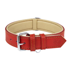 Riparo red leather dog collar side view showing rugged hardware for daily walks.
