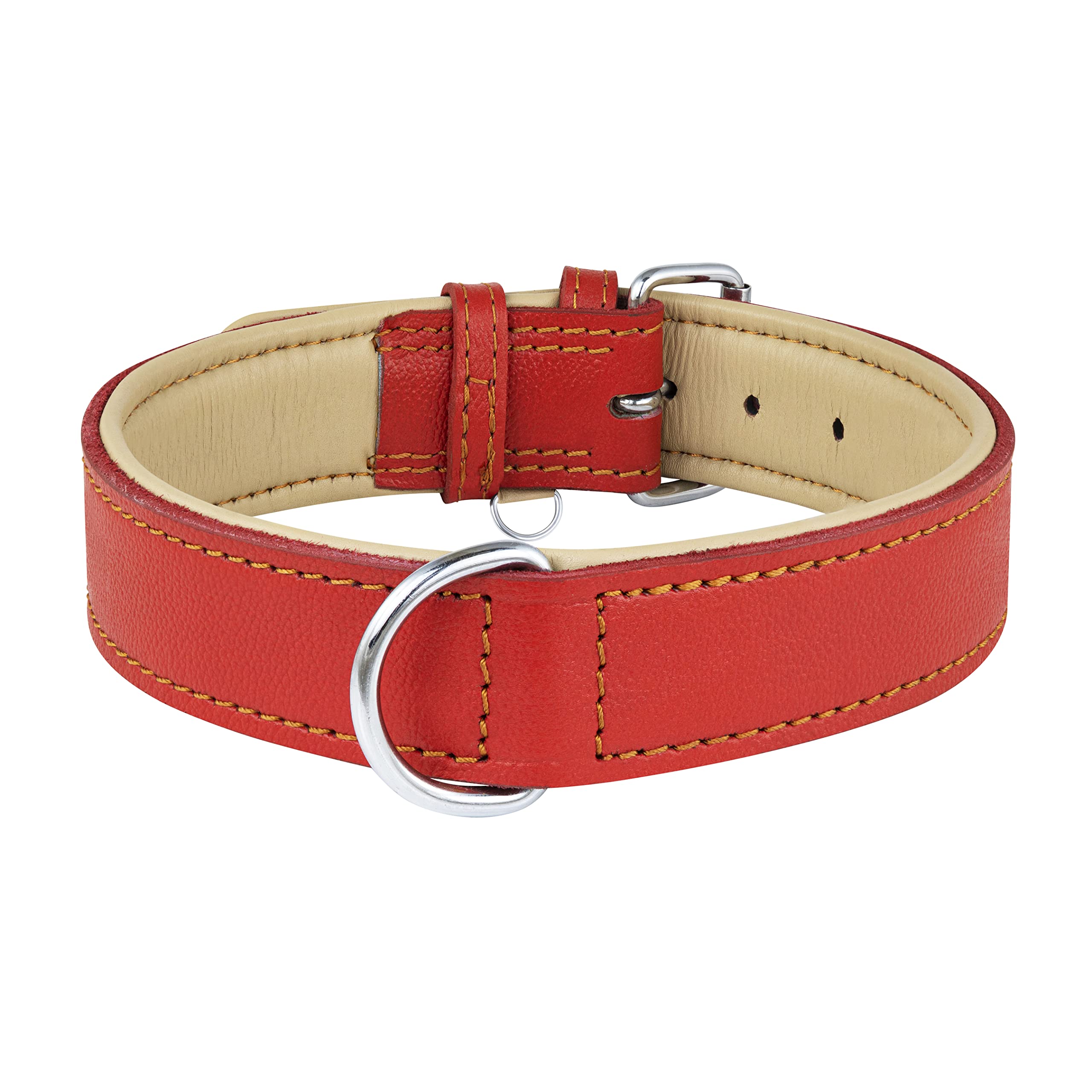 Riparo red leather dog collar size chart display for proper fit.