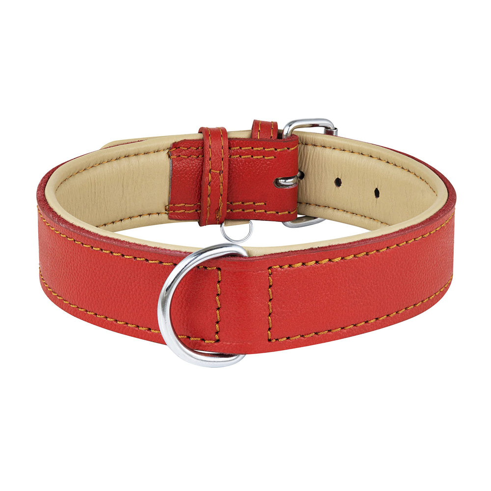Riparo red leather dog collar size chart display for proper fit.