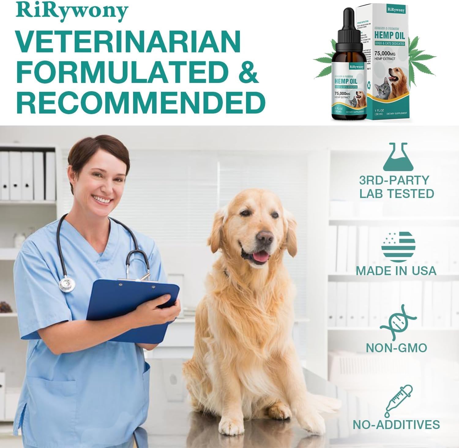 RiRywony Health hemp oil drops shown being added to a pet's meal