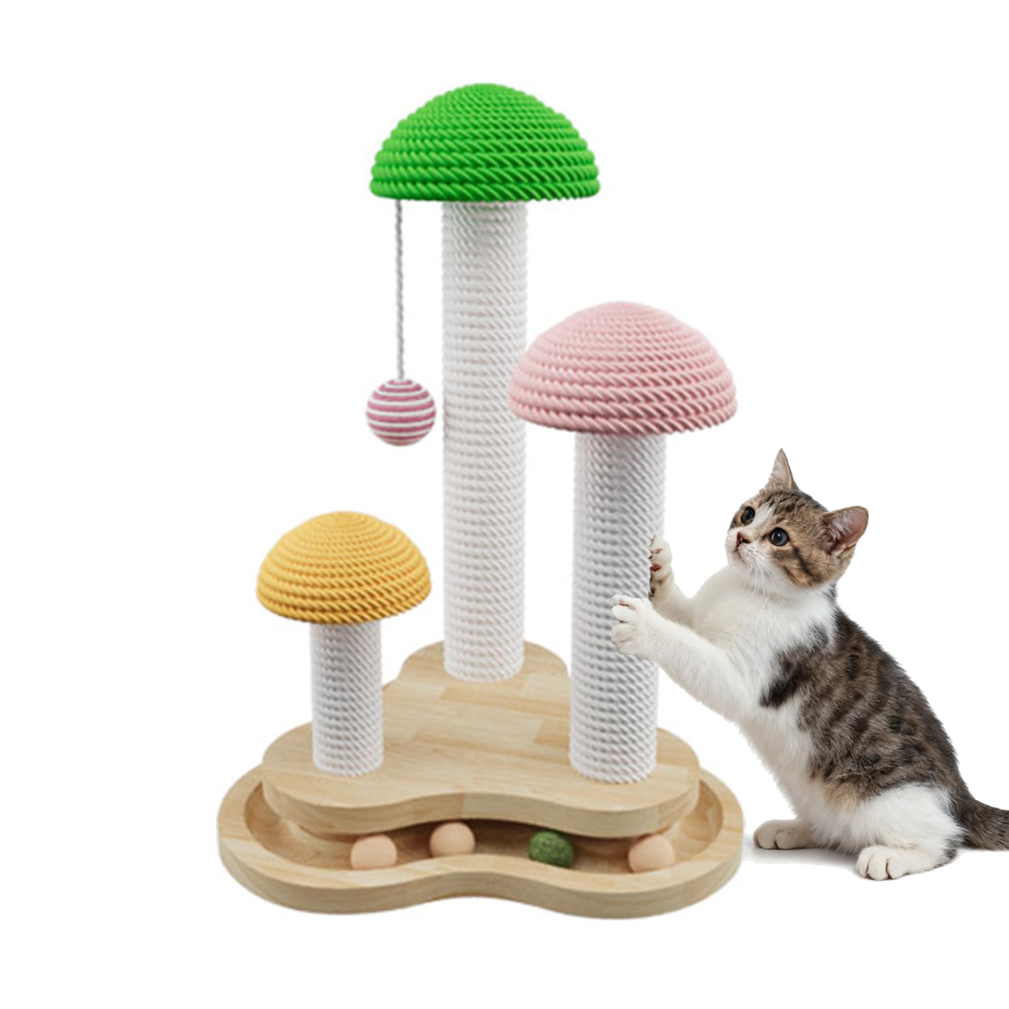 Riyotsu Mushroom Cat Scratcher base shows sturdy wooden platform supporting kittens' scratching needs.