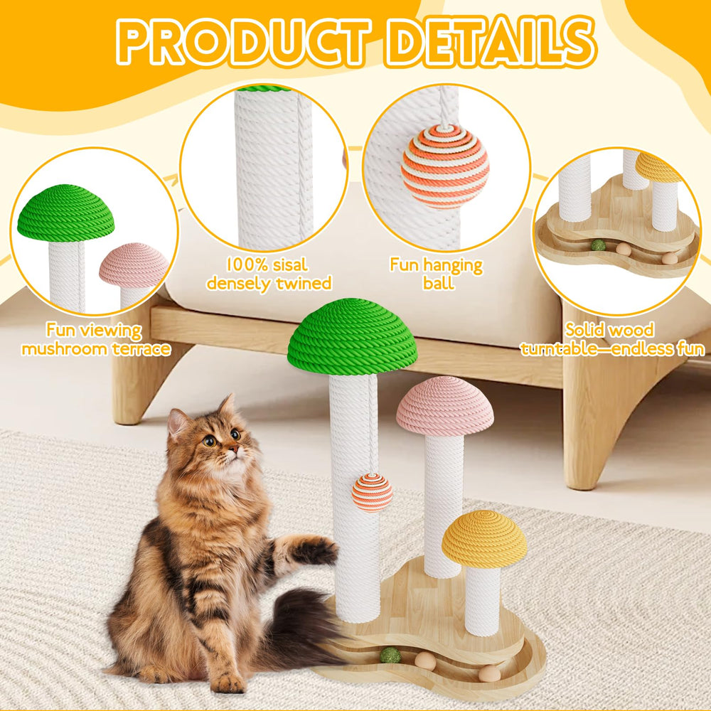 Riyotsu Mushroom Scratcher with hanging ball promotes playful exercise and mental stimulation.