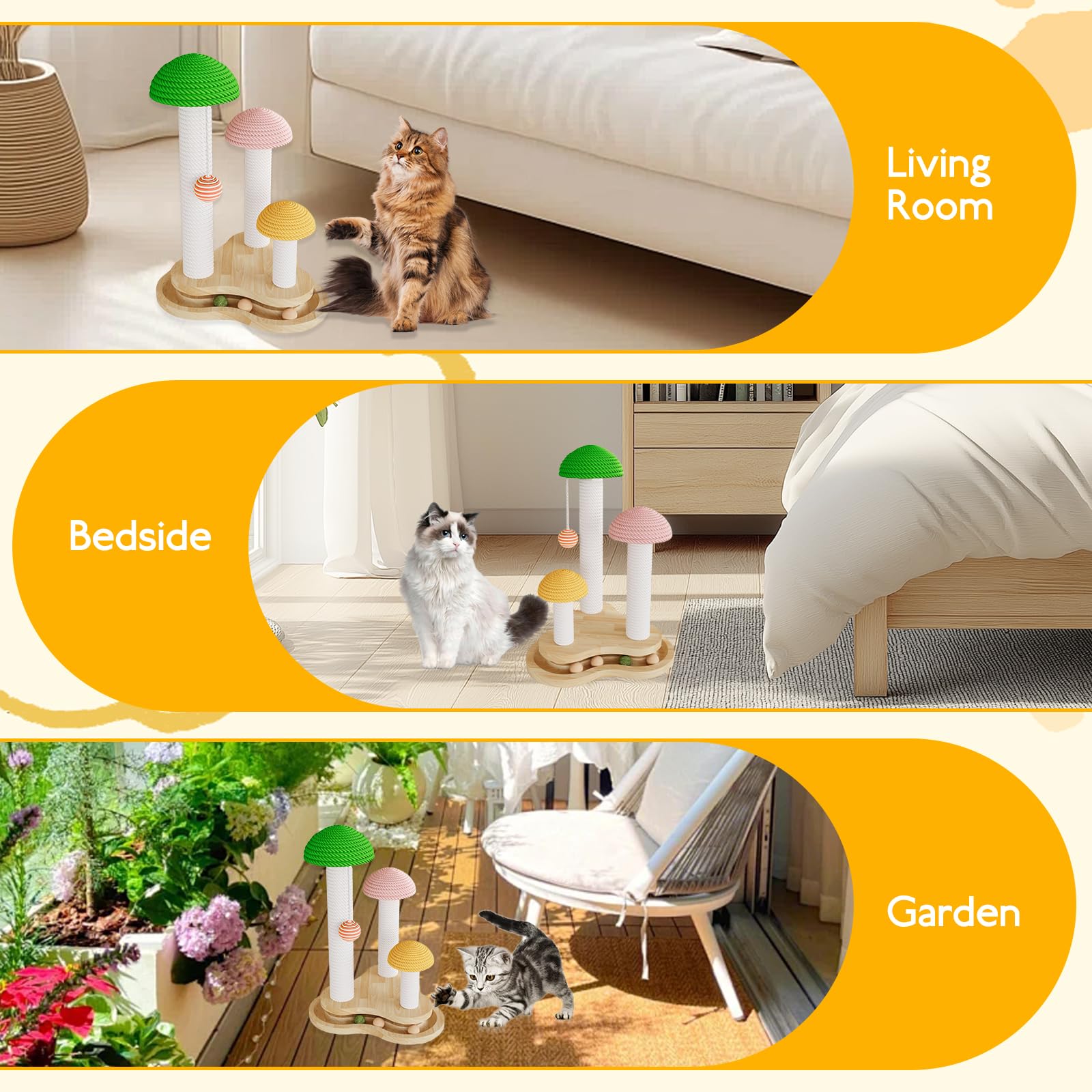 Riyotsu Mushroom Cat Scratcher in-use demonstrates safe indoor play area for kittens.