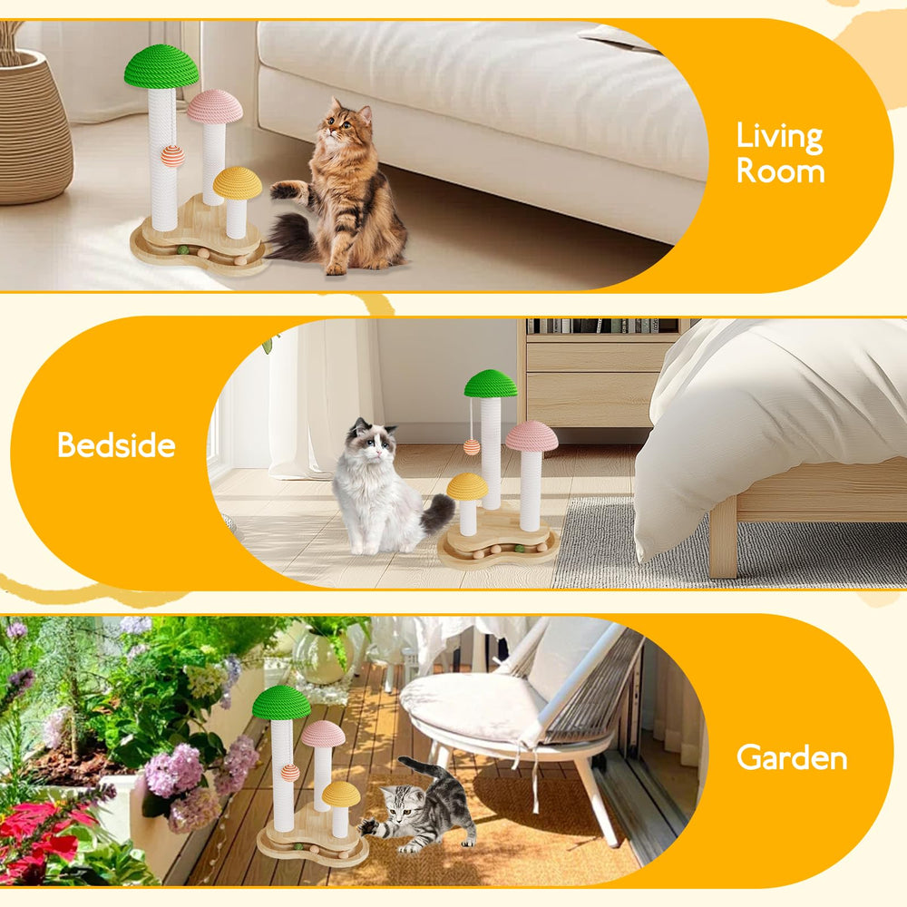 Riyotsu Mushroom Cat Scratcher in-use demonstrates safe indoor play area for kittens.