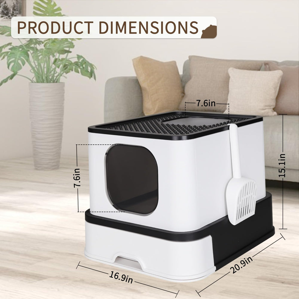 RIZZARI large enclosed cat litter box anti-leak angled-walls detail prevents spills.
