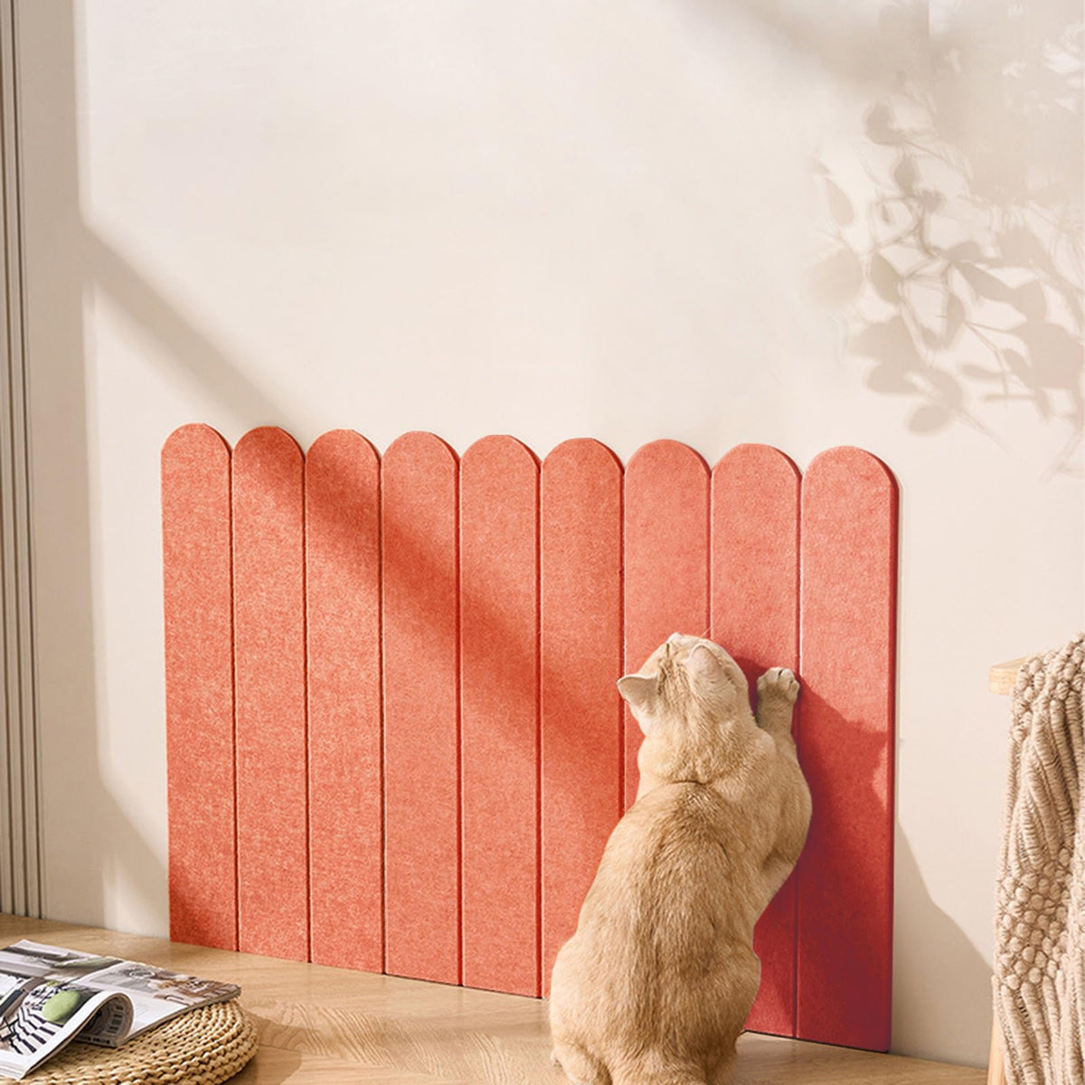RizzQi wall-mounted orange vertical scratcher saves floor space and guides claws away from furniture
