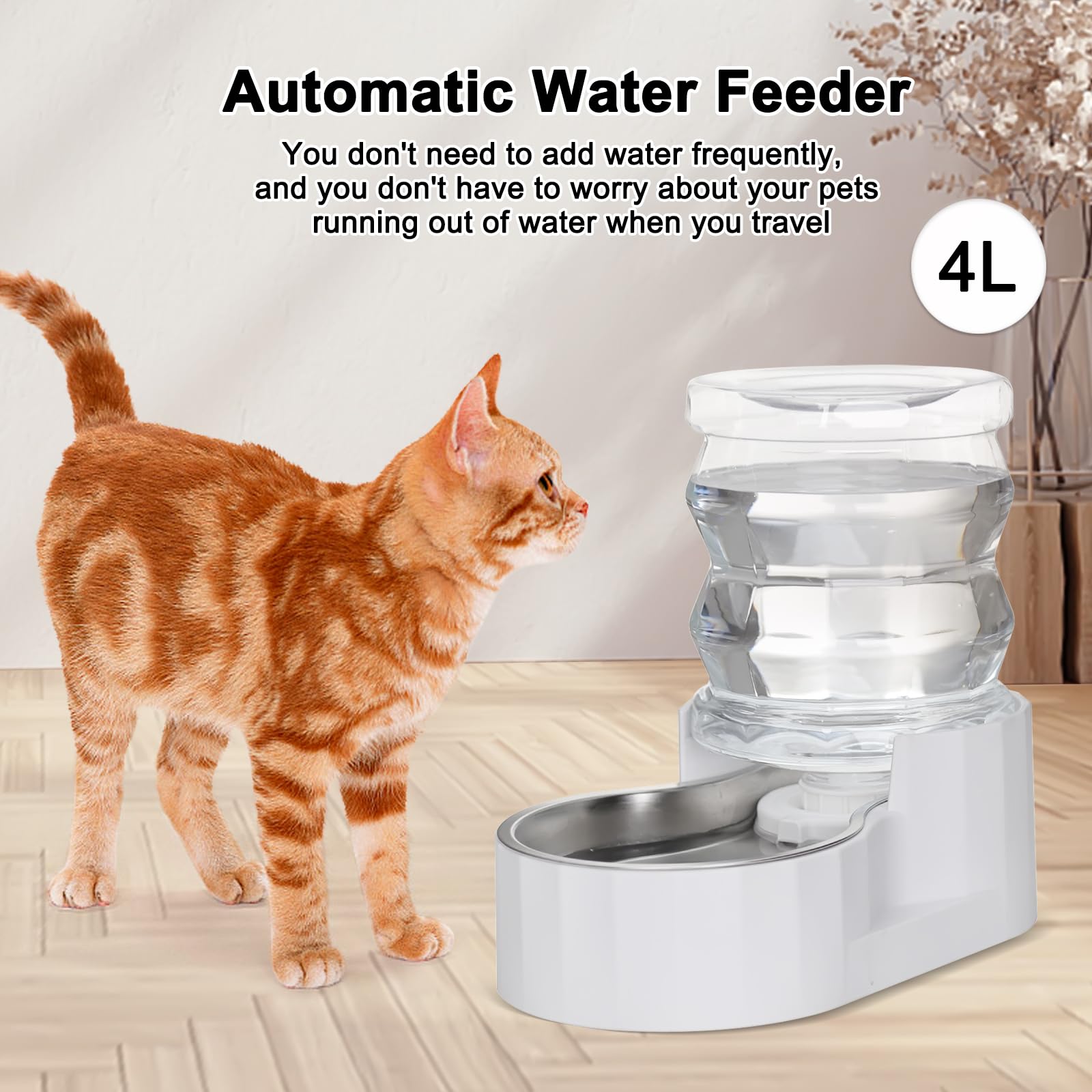 RIZZARI 4L capacity water dispenser ensures steady hydration for multiple pets.