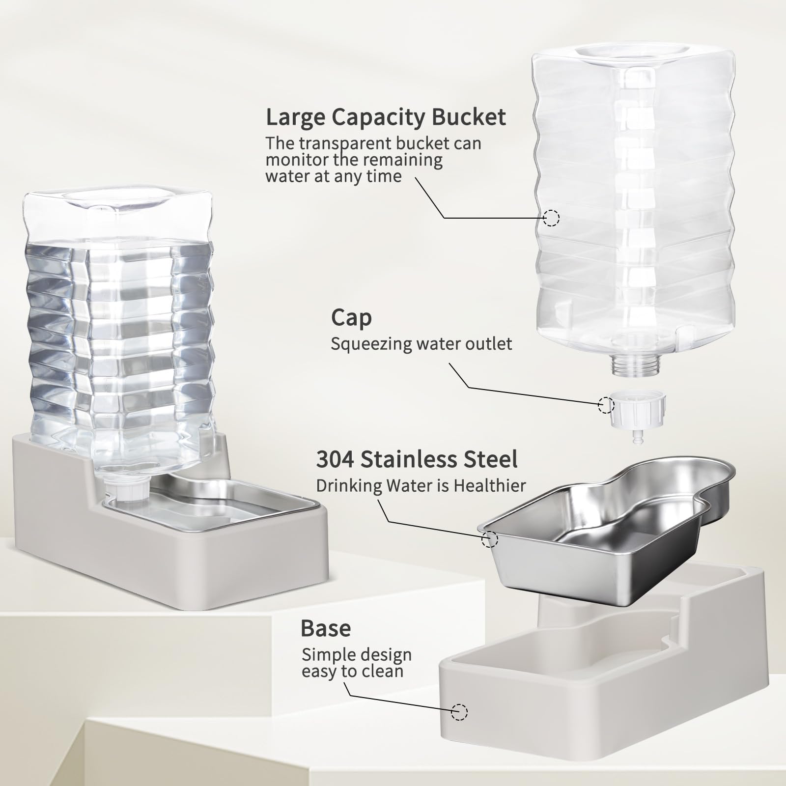 RIZZARI gravity feed system maintaining steady water flow with minimal spills.