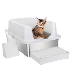 RIZZARI large stainless-steel cat litter box front view for roomy cat comfort.