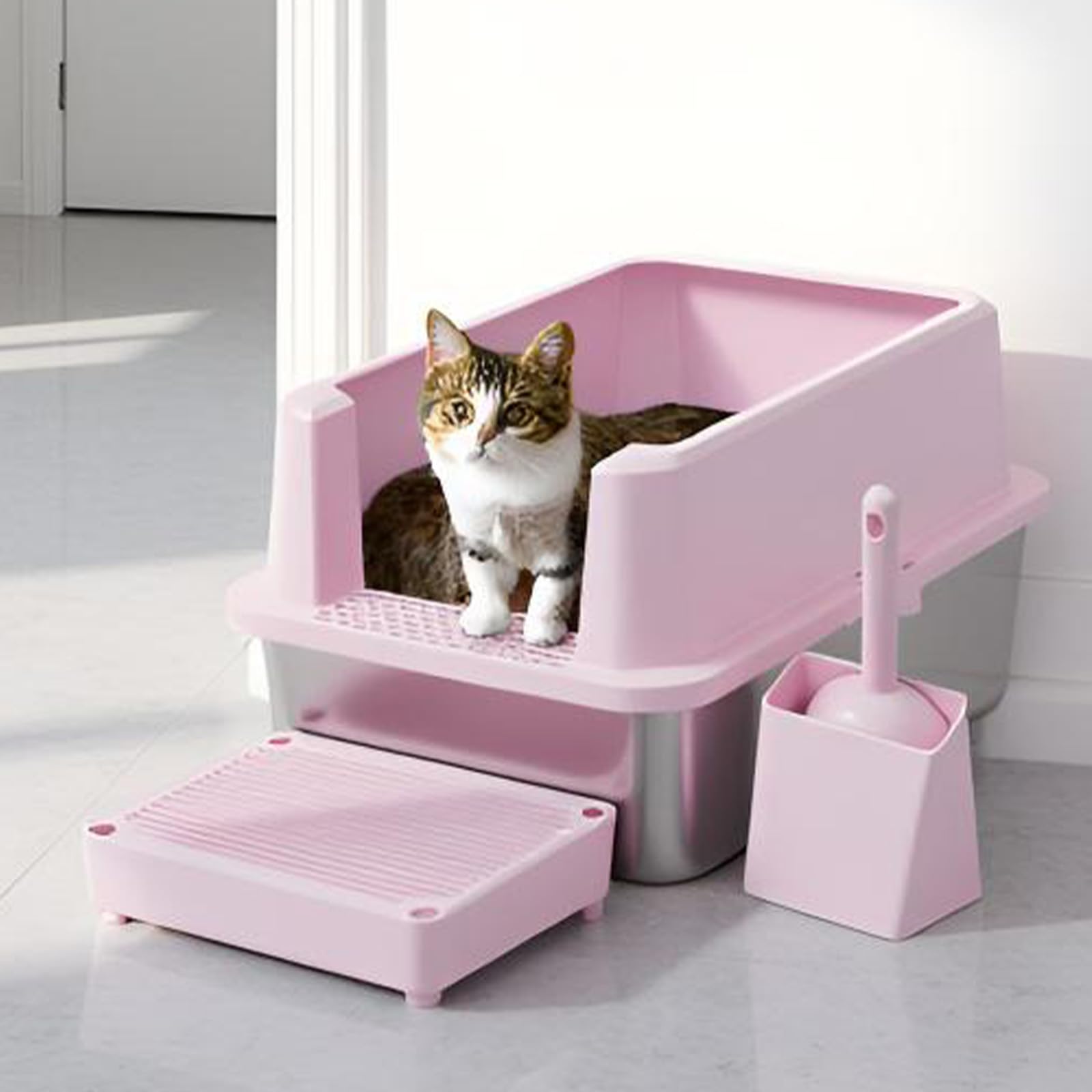 RIZZARI litter box with 6.5-inch high walls prevents litter scatter.