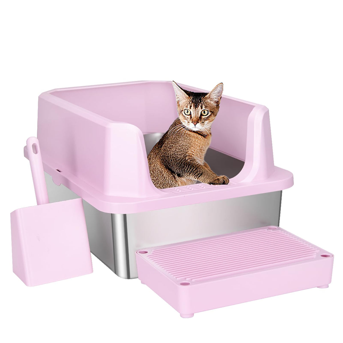 RIZZARI Open Cat Litter Box in pink stainless steel shows a spacious interior for large cats.