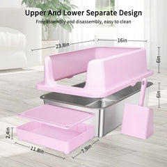 RIZZARI pink-stainless-steel litter box with split design and high walls to contain litter.