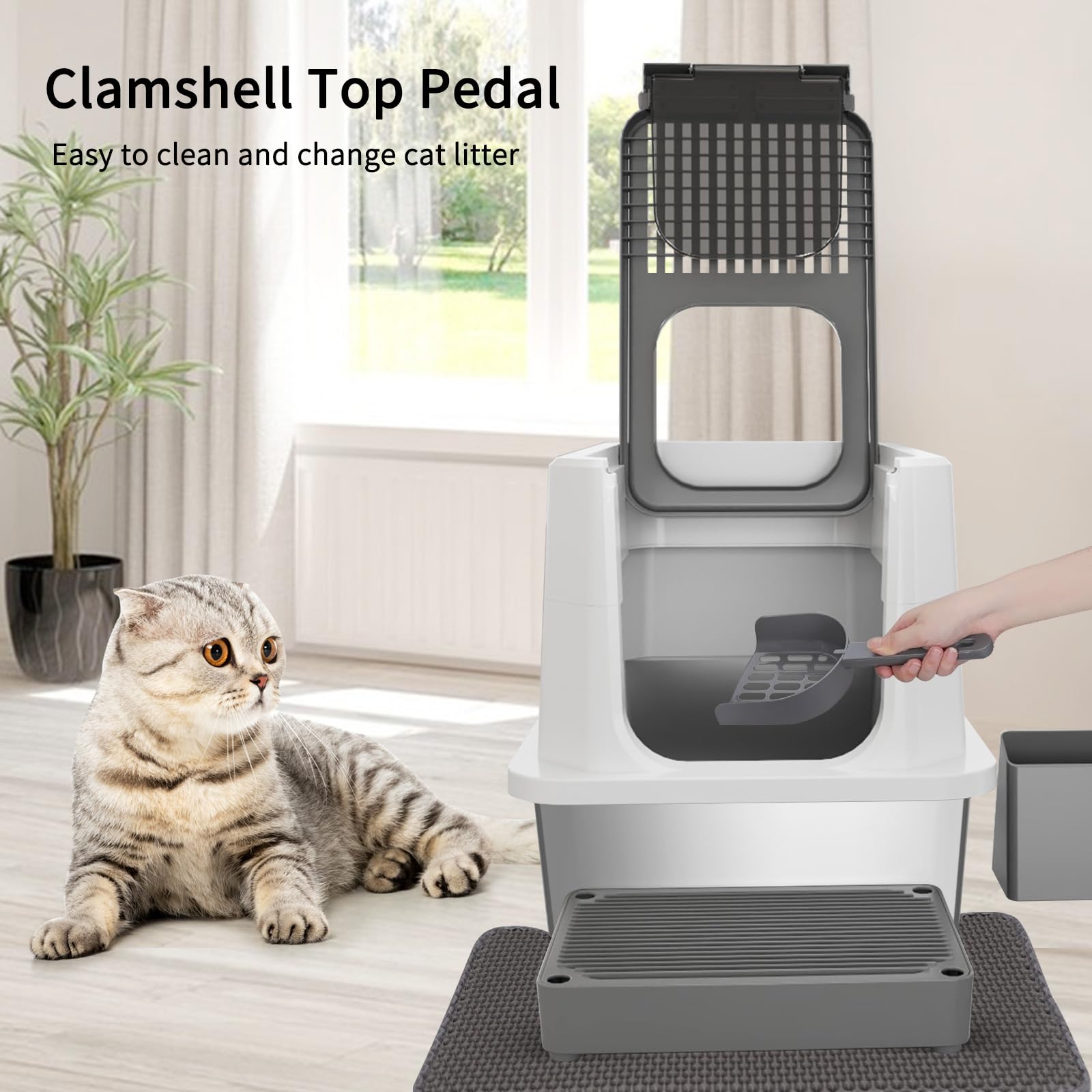 RIZZARI semi-enclosed privacy design offers calm space for cats during litter time.