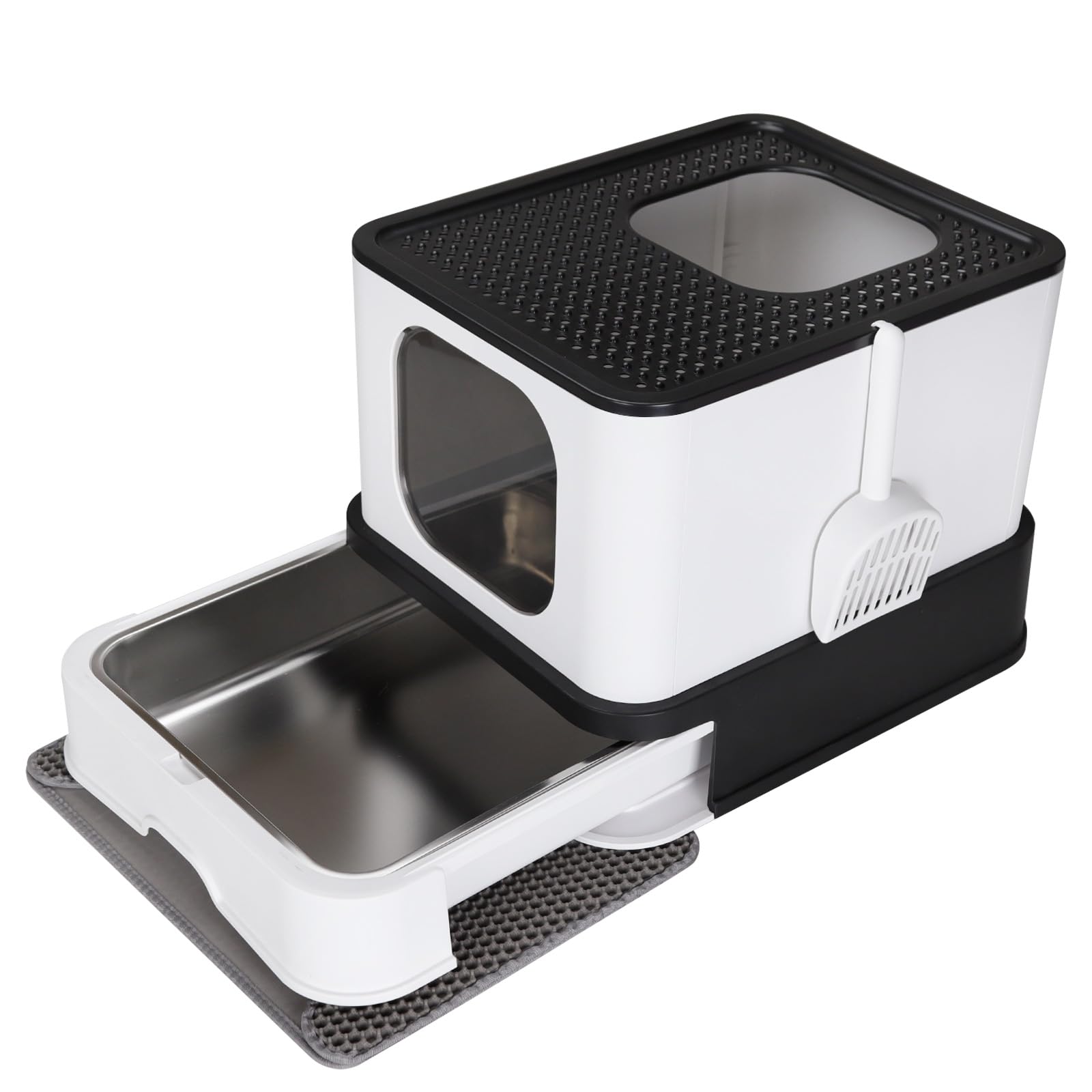 RIZZARI stainless-steel cat box cover view illustrating private sanctuary and odor control.