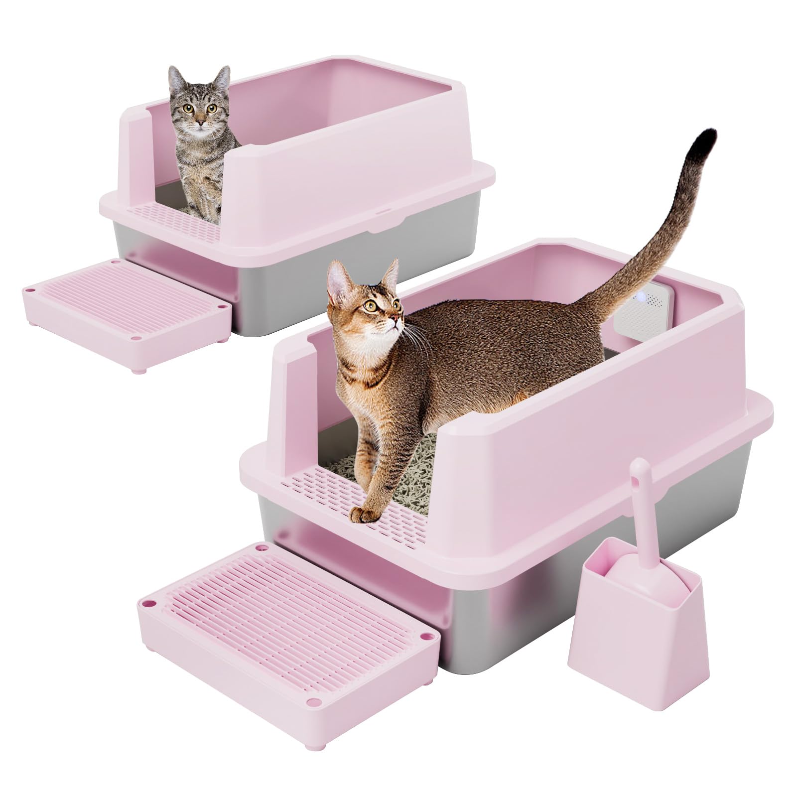 RIZZARI stainless steel litter box pink open-top highlights spacious interior for comfortable cat use.