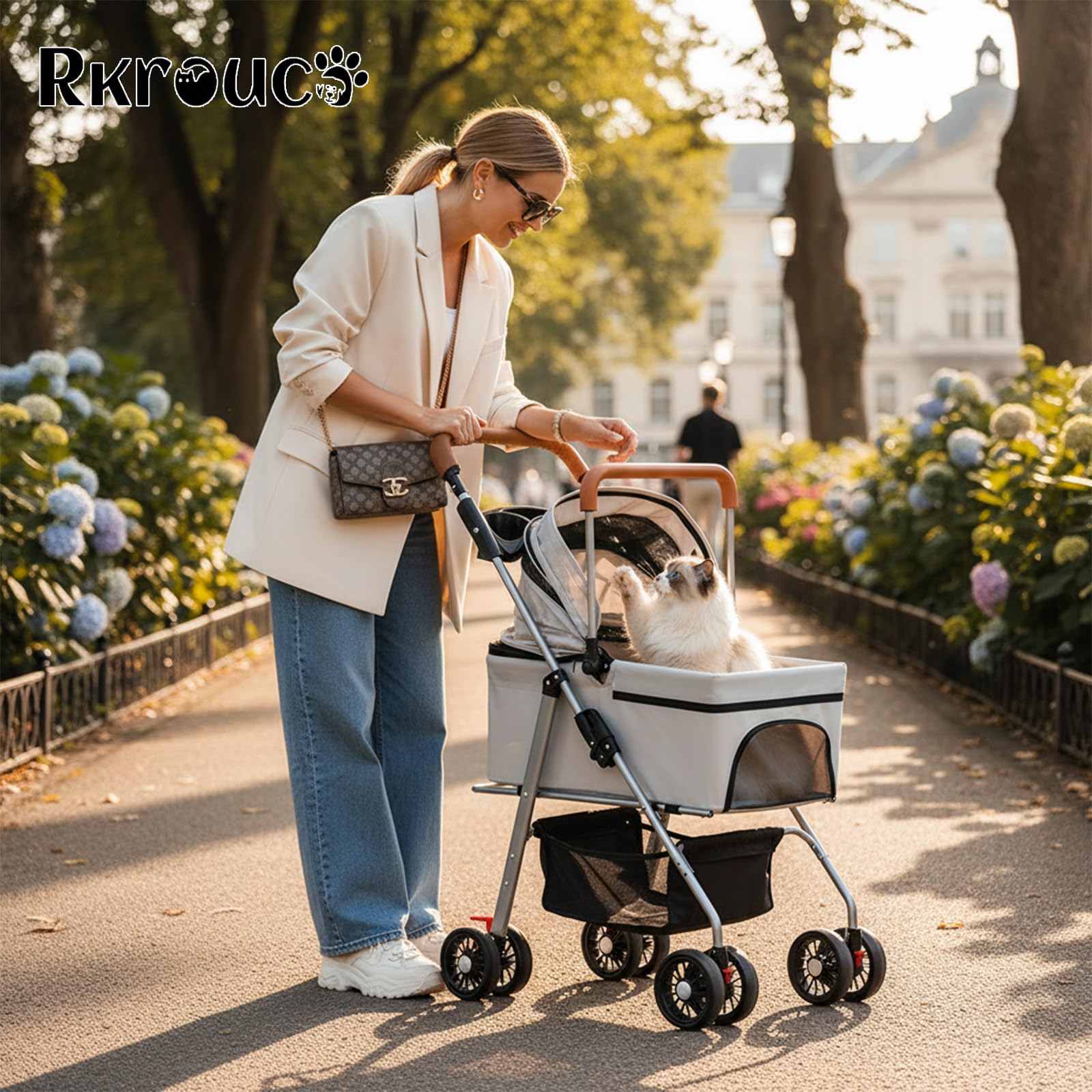 Rkrouco 3in1 dog stroller unfolded with frame showing roomy design for medium small pets