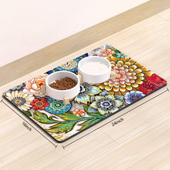 Rnivvi dog food mat absorbent suede surface soaking up spills for clean feeding area.