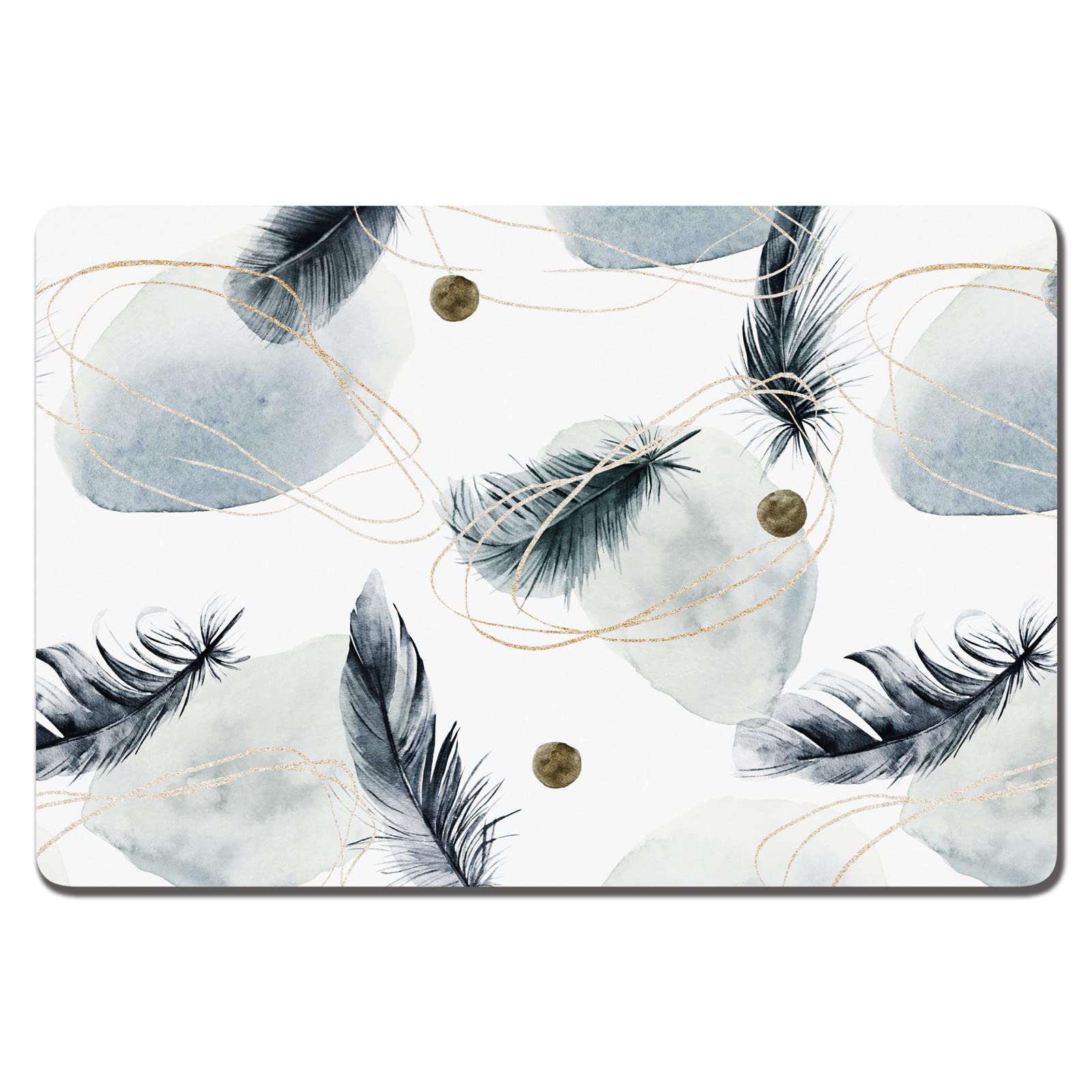 Rnivvi dog food mat with Abstract Plume design absorbs spills at mealtime.