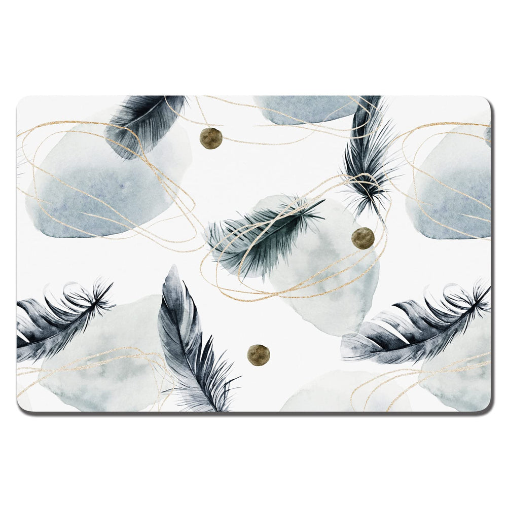 Rnivvi dog food mat with Abstract Plume design absorbs spills at mealtime.