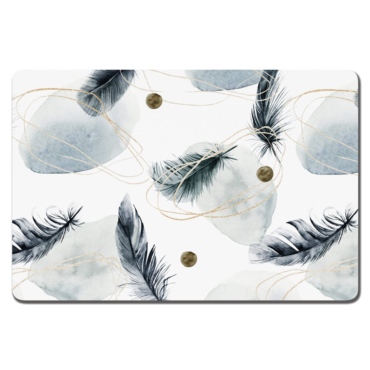 Rnivvi dog food mat with Abstract Plume design absorbs spills at mealtime.