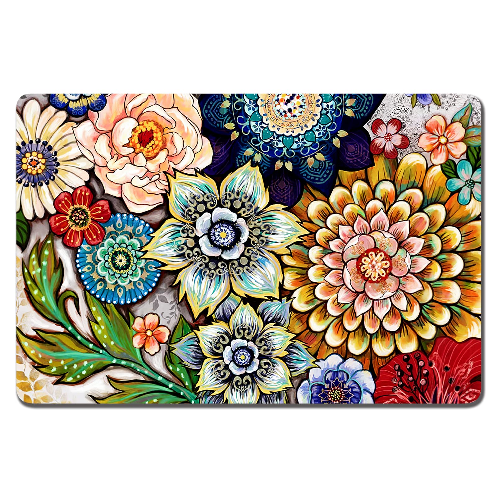 Rnivvi dog food mat mandala floral front view showing decorative protection and floor safety.
