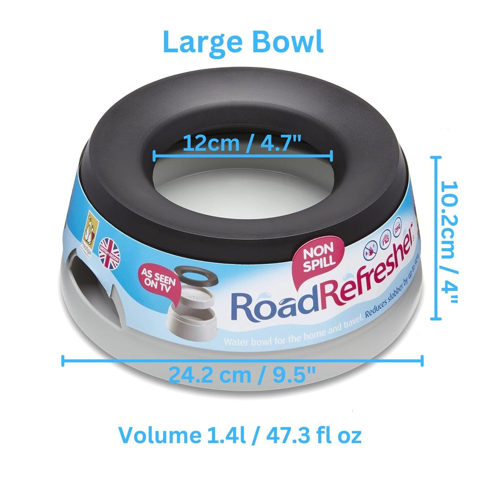 Road Refresher spill-free-dog-bowl reduces slobber splash while drinking indoors